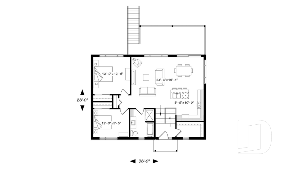 Rez-de-chaussée - Plan de chalet moderne, possibilité de 4 chambres, terrasse abritée, poêle à bois, vestiaire, rez-de-jardin - Calypso
