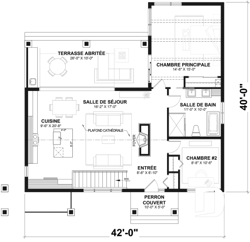 Rez-de-chaussée - Plan de maison Farmhouse Moderne, plafond cathédrale poutres de bois, cuisine extérieure abritée, foyer - Olympe