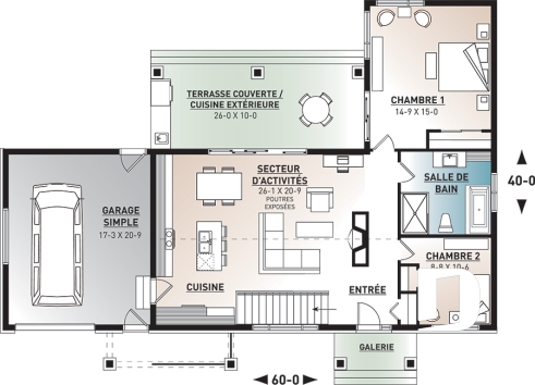 Rez-de-chaussée - Plan de maison plain-pied scandinave avec garage, plafond cathédral, foyer, grande terrasse abritée - Olympe 2