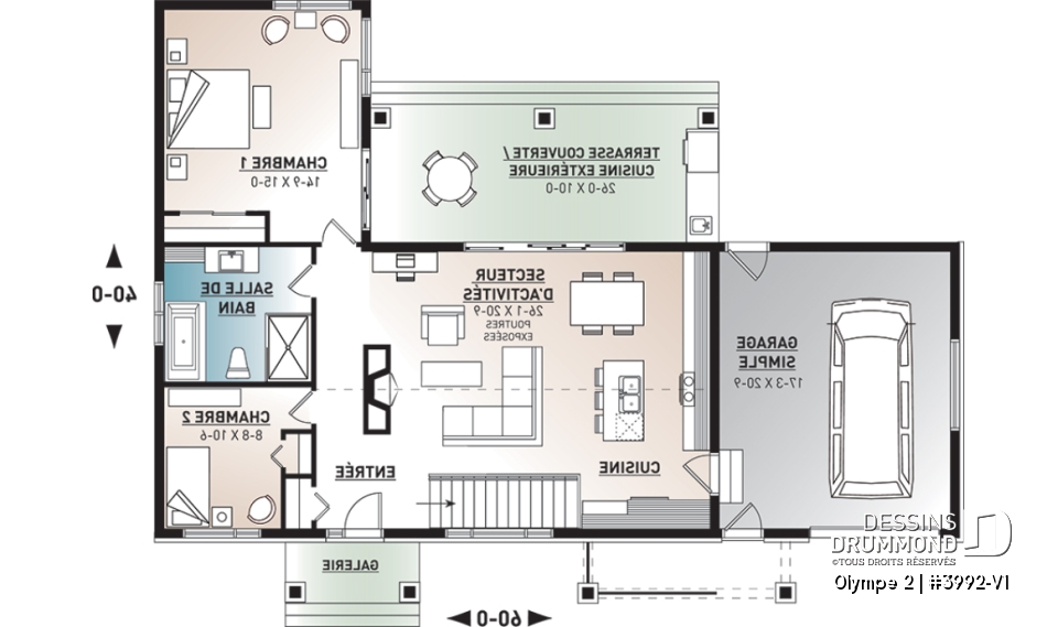 Rez-de-chaussée - Plan de maison plain-pied scandinave avec garage, plafond cathédral, foyer, grande terrasse abritée - Olympe 2