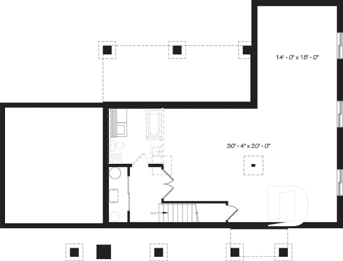 Sous-sol - Plan de maison plain-pied scandinave avec garage, plafond cathédral, foyer, grande terrasse abritée - Olympe 2