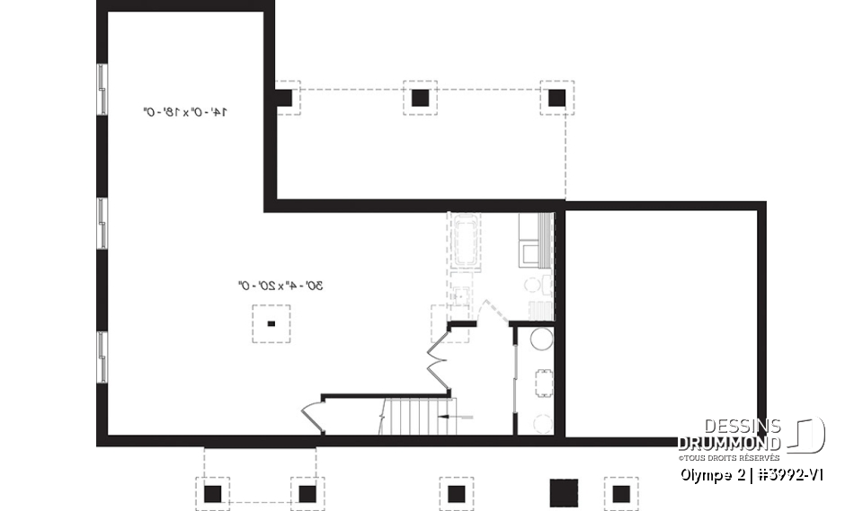 Sous-sol - Plan de maison plain-pied scandinave avec garage, plafond cathédral, foyer, grande terrasse abritée - Olympe 2