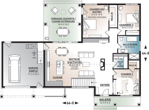 Rez-de-chaussée - Plan de plain-pied 3 chambres, garage, terrasse abritée, grande cuisine, aire ouverte, foyer, cathédral - Olympe 3