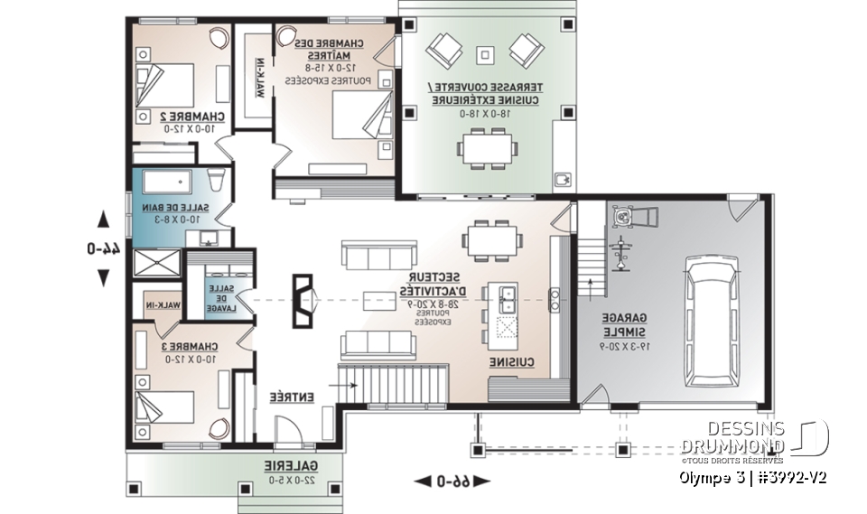Rez-de-chaussée - Plan de plain-pied 3 chambres, garage, terrasse abritée, grande cuisine, aire ouverte, foyer, cathédral - Olympe 3