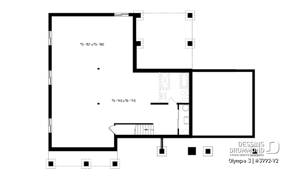 Sous-sol - Plan de plain-pied 3 chambres, garage, terrasse abritée, grande cuisine, aire ouverte, foyer, cathédral - Olympe 3