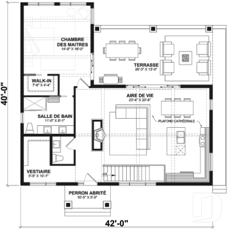 Rez-de-chaussée - Plan de maison ou chalet champêtre – rez-de-jardin, 3 chambres et 2 terrasses couvertes - Olympe 4