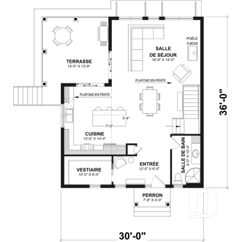 Rez-de-chaussée - Plan de maison genre chalet de ski, terrasse abritée, 3 chambres, 2 s. bain, aire ouverte, rangement pour ski - Malbaie