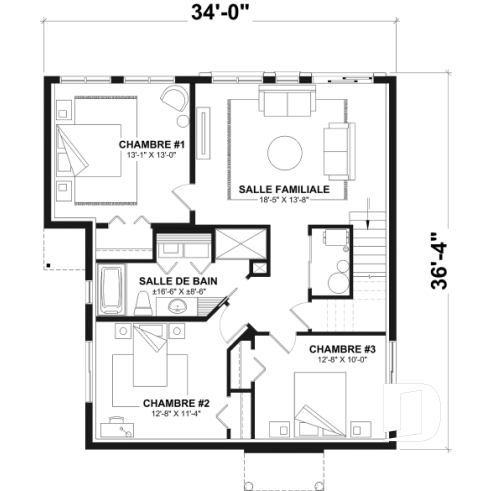 Sous-sol - Plan de maison genre chalet de ski, terrasse abritée, 3 chambres, 2 s. bain, aire ouverte, rangement pour ski - Malbaie