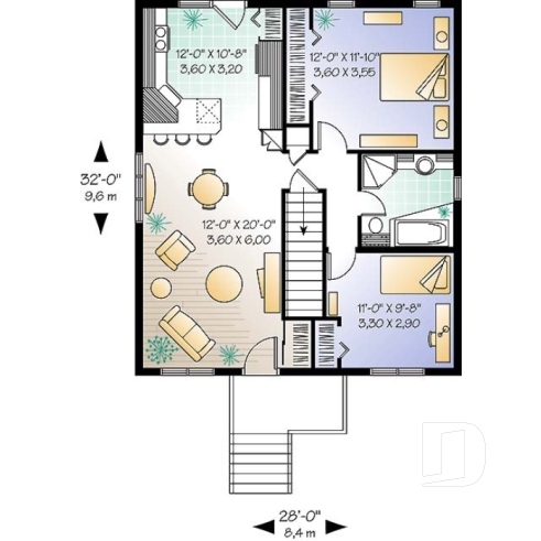 Rez-de-chaussée - Plan de bungalow très économique, 2 grandes chambres, cuisine fonctionnelle, sous-sol sorti de terre - Arthur 2
