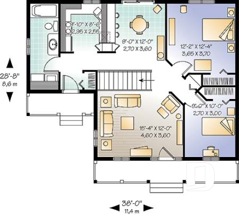Rez-de-chaussée - Plain-pied populaire style ranch, plan de maison avec 2 entrées, 2 chambres et galerie arbitrée - Beaufort