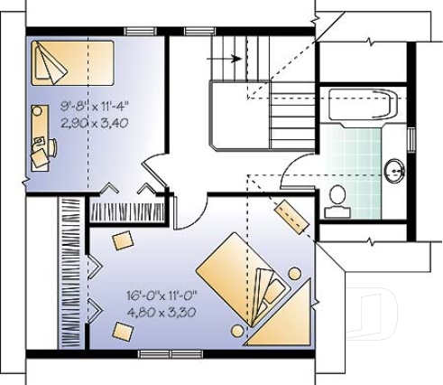 Étage - Plan de style fermette 2 étages, 2 chambres, coin ordinateur, espace ouvert, buanderie r-d-c, îlot - Adam 2