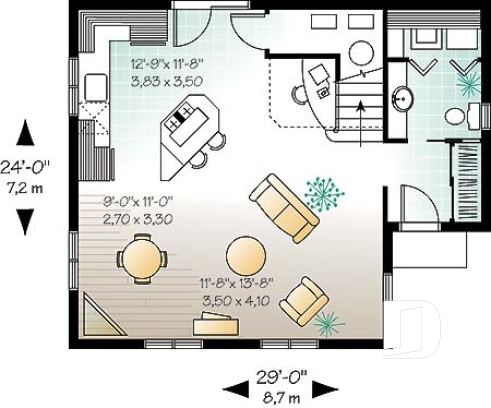 Rez-de-chaussée - Plan de style fermette 2 étages, 2 chambres, coin ordinateur, espace ouvert, buanderie r-d-c, îlot - Adam 2