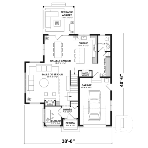 Rez-de-chaussée - Plan de maison, garage, 3 chambres + un bureau, suite parentale à l'étage, foyer au bois et garage simple - Léana