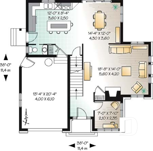 Rez-de-chaussée - Plan de maison à étage, garage, terrain étroit, 3 chambres, 2.5 s.bain & buanderie à l'étage, foyer, bureau - Campbell 2