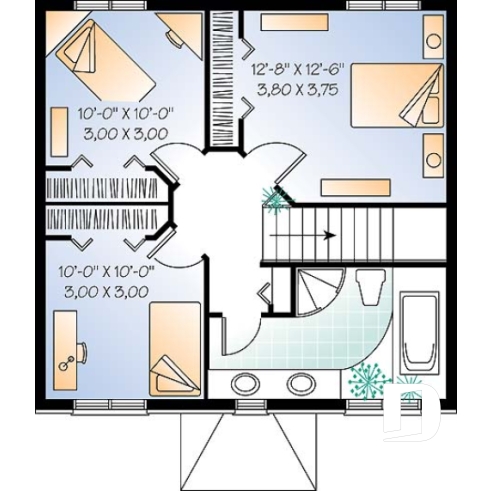 Étage - Plan de cottage classique, 3 chambres, fenestration abondante, perron abritée - Forester 2
