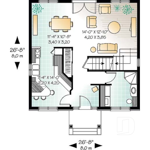 Rez-de-chaussée - Plan de cottage classique, 3 chambres, fenestration abondante, perron abritée - Forester 2