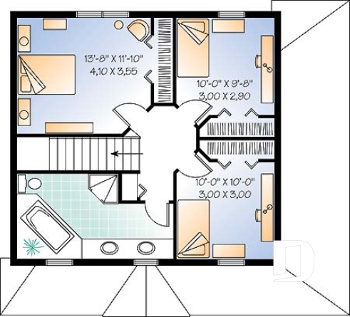 Étage - Plan de maison d'inspiration anglaise, à étage, 3 chambres, 2 salles de bain, galerie abritée - Montmarte