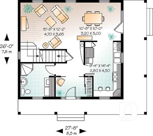 Rez-de-chaussée - Plan de maison d'inspiration anglaise, à étage, 3 chambres, 2 salles de bain, galerie abritée - Montmarte