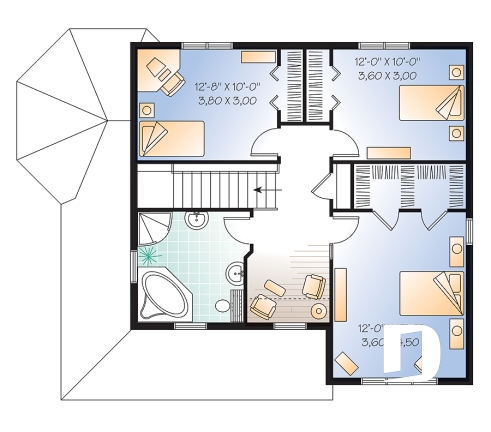 Étage - Plan de maison de 3 chambres, bureau, fenestration abondante, 2 walk-ins à la chambre parents - Marion