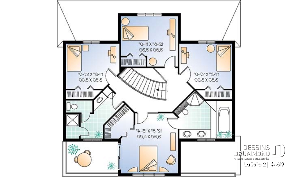 Étage - Plan de maison style Floride, 4 grandes chambres, solarium, plafond 9', 2 balcons, garage - La Jolla 2