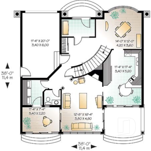 Rez-de-chaussée - Plan de maison style Floride, 4 grandes chambres, solarium, plafond 9', 2 balcons, garage - La Jolla 2