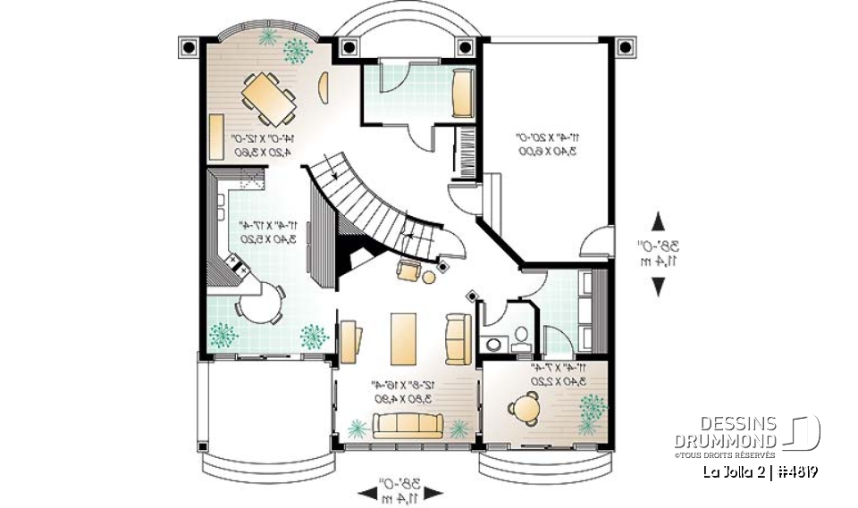 Rez-de-chaussée - Plan de maison style Floride, 4 grandes chambres, solarium, plafond 9', 2 balcons, garage - La Jolla 2