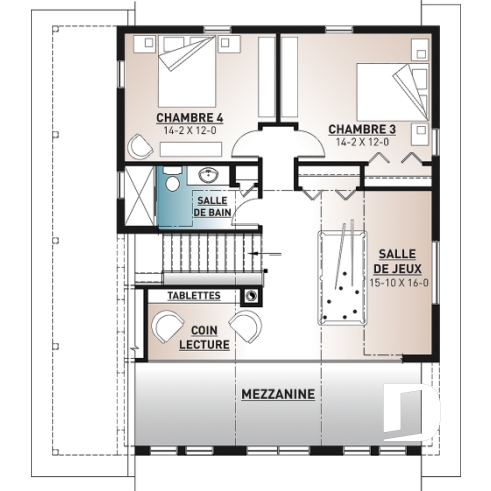 Étage - Plan de chalet rustique 4 chambres, garage, balcons abrités, terrasse, foyer, mezzanine avec coin loft - Laurentien