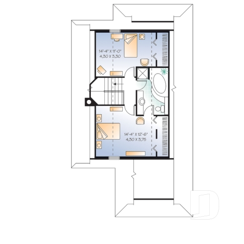 Étage - Plan de chalet ou maison avec vue panoramique, 3 chambres, foyer, abri moustiquaire, parents au premier - Baldor 2