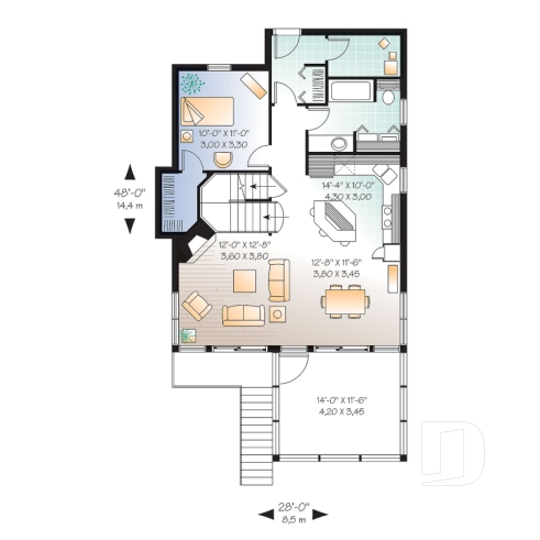 Rez-de-chaussée - Plan de chalet ou maison avec vue panoramique, 3 chambres, foyer, abri moustiquaire, parents au premier - Baldor 2