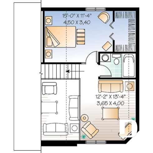 Étage - Plan de maison ou chalet champêtre, 2 ou 3 chambres, cathédrale et mezzanine, superbe fenestration - Joice 2