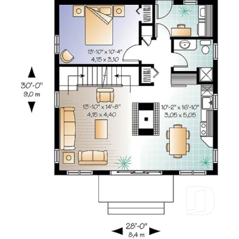 Rez-de-chaussée - Plan de style chalet Suisse avec 3 chambres, 2 salles de bain, foyer ouvert au séjour et salle à manger - Heidi