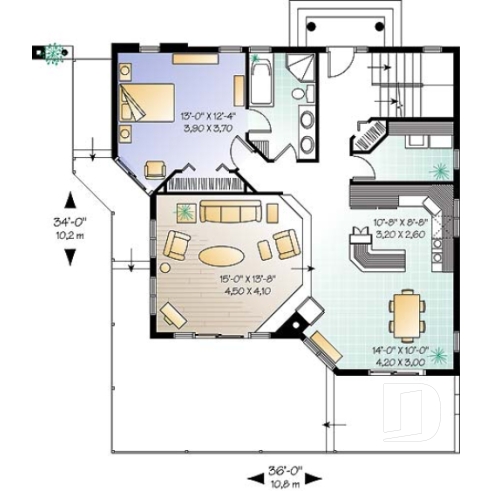 Rez-de-chaussée - Plan de chalet lumineux, 3 chambres avec 2 salles de séjour et mezzanine, garage - Clearview 2
