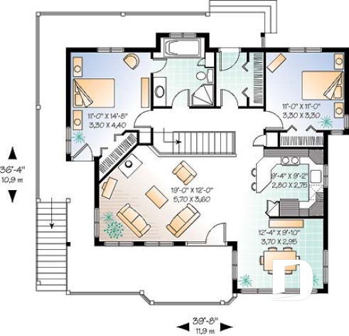 Rez-de-chaussée - Plan de chalet avec fenestration abondante, sous-sol en rez-de-jardin non-aménagé, 2 chambres & espace ouvert - William 2