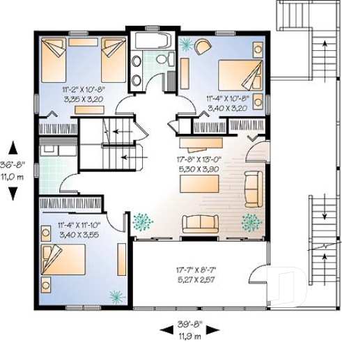 Étage 1 - Plan de chalet 3 étages, idéal pour bord de lac, 5 chambres, 3.5 salles de bain, foyer au salon, mezzanine - Bay 2