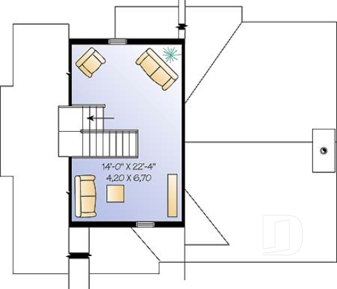 Étage - Plan de chalet de ski avec planchers inversés: chambre des maîtres et espaces communs à l'étage - Charleston 2