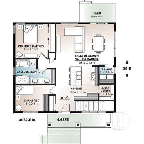 Rez-de-chaussée - Plan petite maison 2 chambres, abordable, aire ouverte, grande cuisine avec îlot et garde-manger - Nordika 2