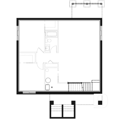 Sous-sol - Plan petite maison 2 chambres, abordable, aire ouverte, grande cuisine avec îlot et garde-manger - Nordika 2