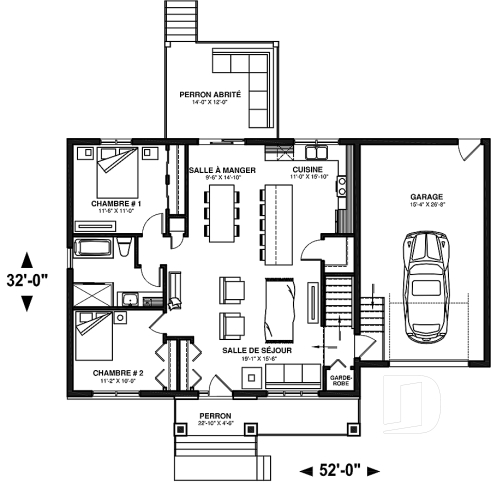 Rez-de-chaussée - Plan de maison Crafsman 2 chambres, garage, aire ouverte, garde-manger, chute à linge - Nordika 5