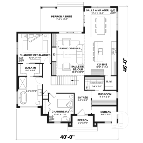 Rez-de-chaussée - Plan de maison scandinave 2 chambres + bureau, garde-manger, terrasse couverte - Chardonnay