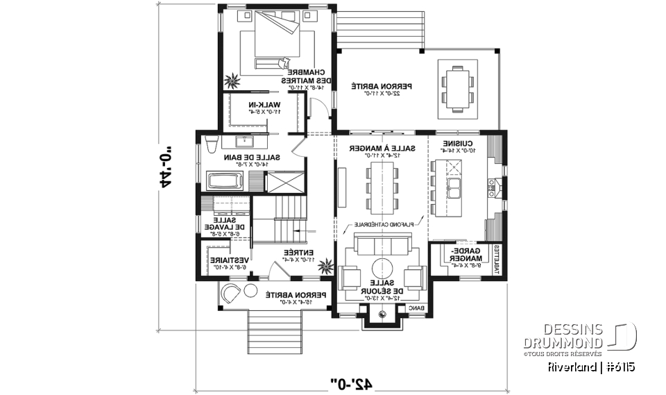 Rez-de-chaussée - Plan de maison de style campagne avec terrasses couvertes, jusqu’à 3 chambres et grand espace de vie convivial - Riverland