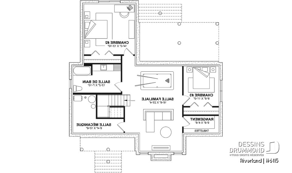 Sous-sol aménagé (Optionel $) - Plan de maison de style campagne avec terrasses couvertes, jusqu’à 3 chambres et grand espace de vie convivial - Riverland
