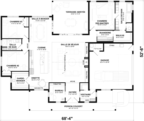 Rez-de-chaussée - Modèle de maison Farmhouse plain-pied au Québec – 3 chambres, foyer et grand garage double - Country Cottage