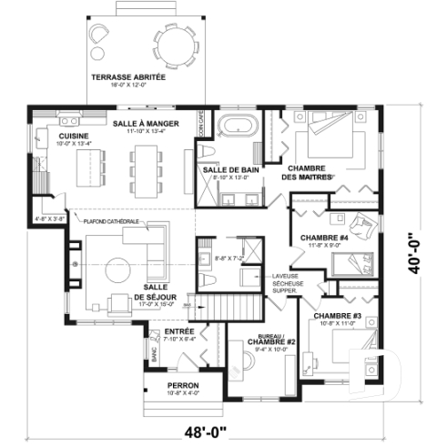 Rez-de-chaussée (Optionel $) - Plan de maison plain-pied 4 chambres au rez-de-chaussée, 2 salles de bain et terrasse abritée - River Run