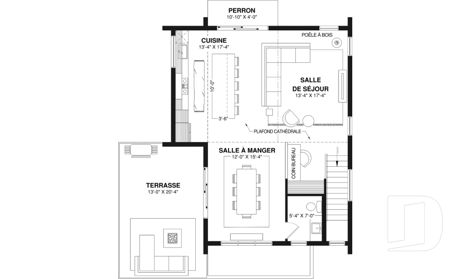 Étage - Plan de maison avec planchers inversés, 3 chambres au rez-de-chaussée et aire commune à l'étage - Auguste 2