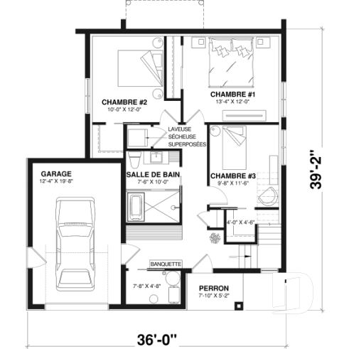 Rez-de-chaussée - Plan de maison avec planchers inversés, 3 chambres au rez-de-chaussée et aire commune à l'étage - Auguste 2