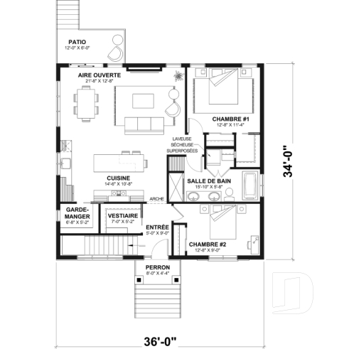 Rez-de-chaussée - Plan de maison plain-pied, 2 à 4 chambres, aire ouverte, vestiaire et sous-sol aménagé (optionnel $) - Toundra