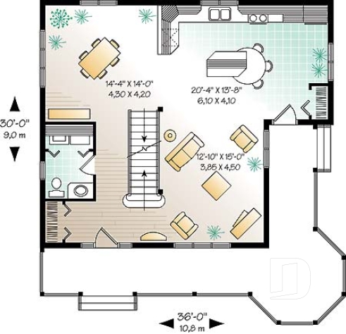 Rez-de-chaussée - Plan de maison champêtre, à étages, 3 chambres avec plafond cathédrale, jolie finition extérieure - Fougère