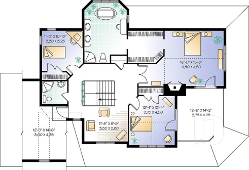Étage - Plan de maison panoramique, galerie abritée sur 3 faces, garage double, terrasse aux maîtres, 3 chambres. - Meridian 2