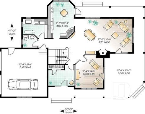 Rez-de-chaussée - Plan de maison panoramique, galerie abritée sur 3 faces, garage double, terrasse aux maîtres, 3 chambres. - Meridian 2