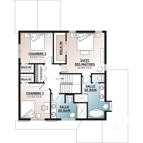 Étage - Plan de style champêtre rustique avec garage, grande cuisine avec îlot, foyer, suites des parents, 3 chambres - Le Frontenac 3